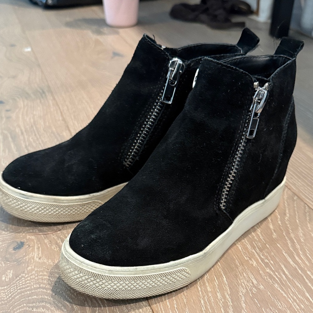 Steve Madden Black Suede Wedge Sneaker Boot with Side Zips